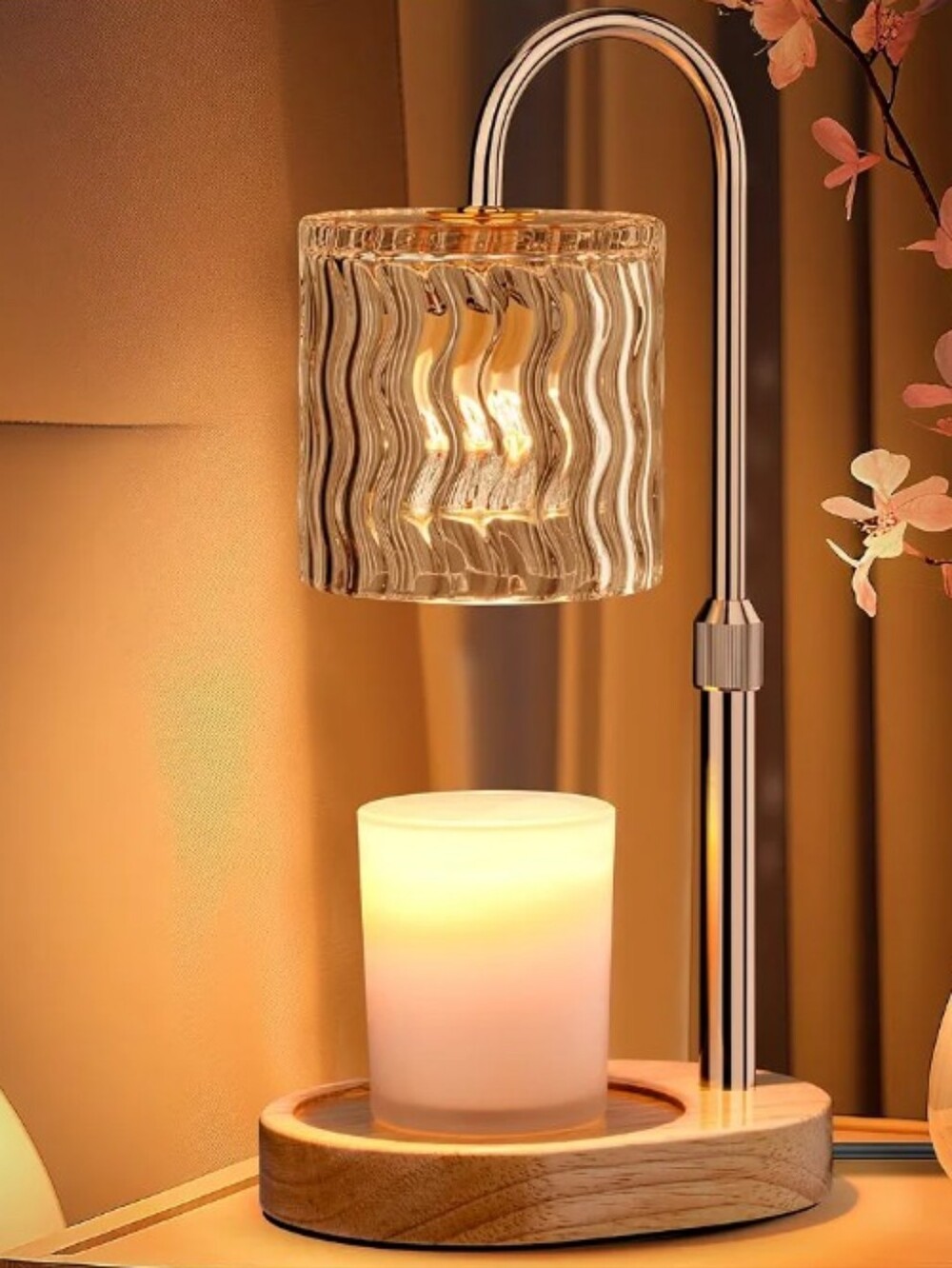 Adjustable Candle Warmer Lamp with Timer & Dimmer Glass Shade Wooden Base